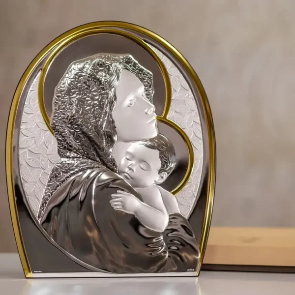 Icoană argint Madonna – Maica Domnului și Pruncul, var. argintiu și auriu AE0202