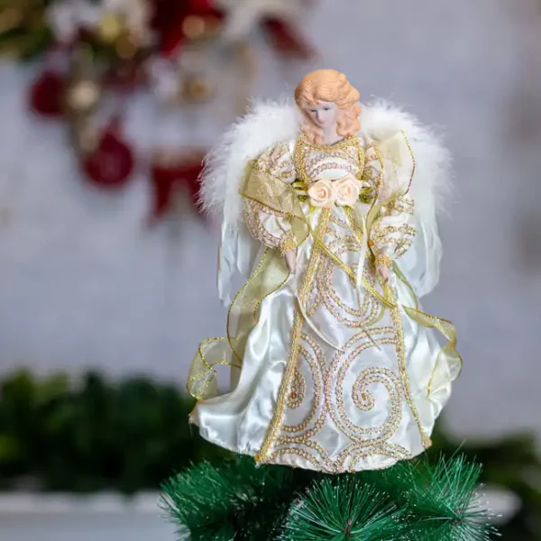 Vârf de brad Îngeraș 30 cm Decorațiune Crăciun, mantie alb cu auriu