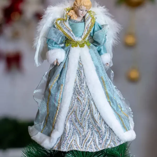 Vârf de brad Îngeraș 30 cm Decorațiune Crăciun, mantie albasru deschis cu auriu
