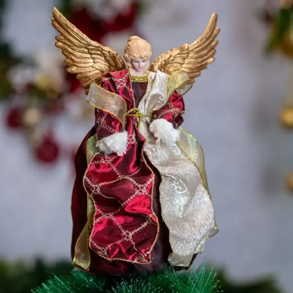 Vârf de brad Îngeraș 30 cm Decorațiune Crăciun, mantie roșu cu auriu